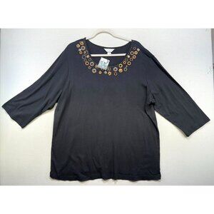 CJ Banks Womens Embellished Top Blouse 2X Black Decorative Neckline  3/4 Sleeves